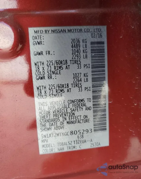 2016 Nissan Rogue S from USA, damaged, VIN 5N1AT2MTXGC805293